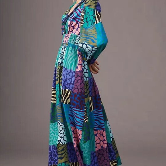 Anthropologie Geisha Designs M NWT Patchwork Maxi Dress Animal Print Long Sleeve - Picture 7 of 8